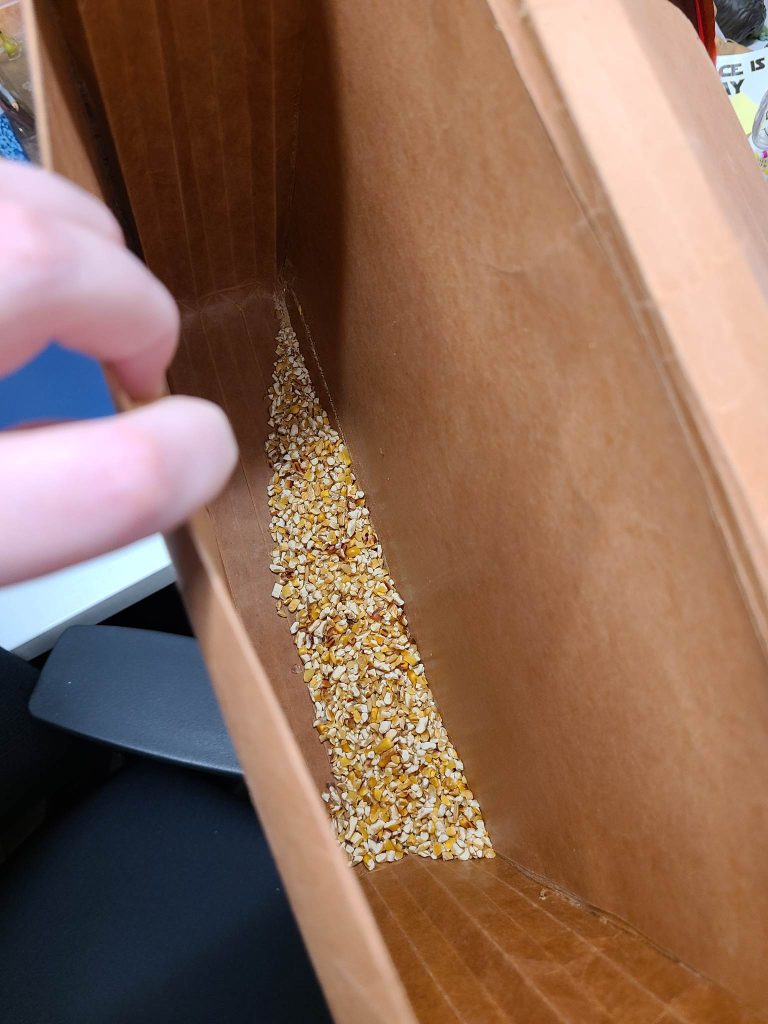 Hand pulling open a brown accordion folder to reveal a layer of dried corn within