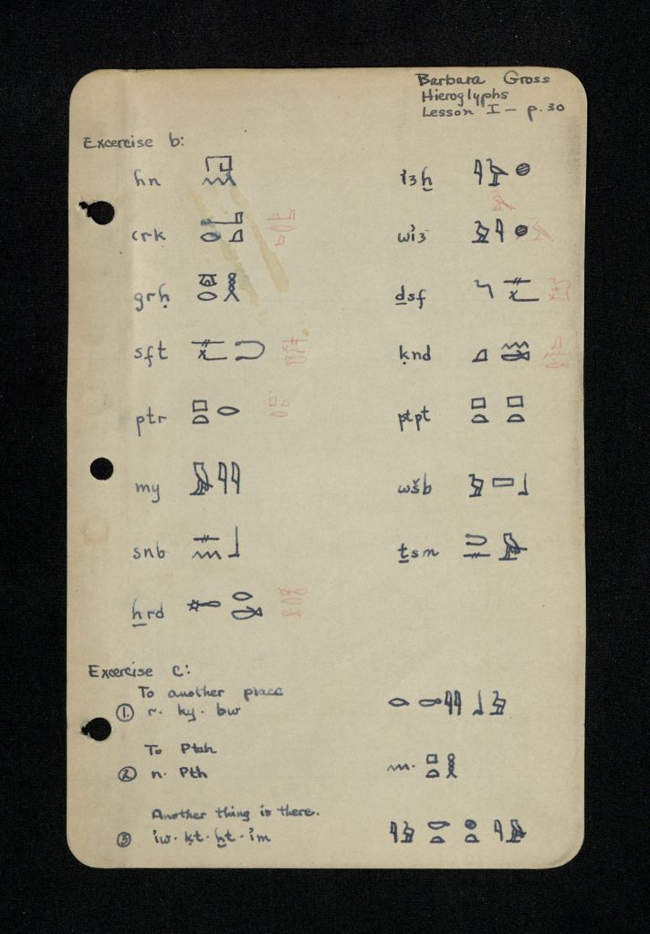 Ink-drawn hieroglyphs in columns on small tan three-holed paper alongside their phonetic translation in latin script. Header at the top reads “Barbara Gross // Hieroglyphs // Lesson I – p. 30”.