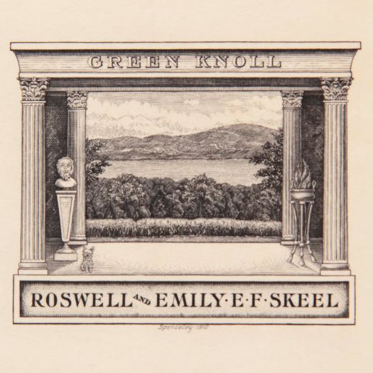 Engraving in black and white showing a landscape of hill, lake and trees framed by a classical columns and statuary