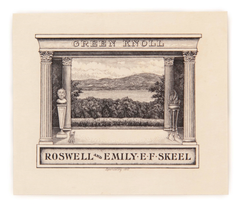 Bookplate reading "Green Knoll, Roswell and Emily E. F. Skeel" with a black and white engraving showing a landscape with a hill, lake, and trees framed by classical columns