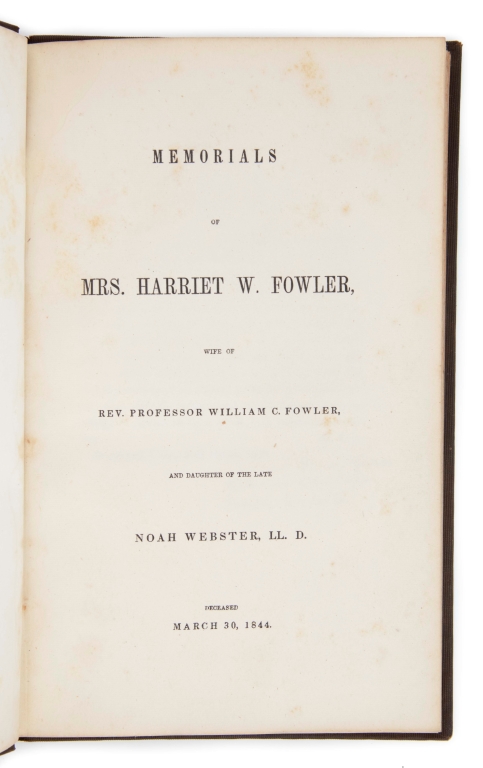 Title page of the book, Memorials of Mrs. Harriet W. Fowler, published in 1844