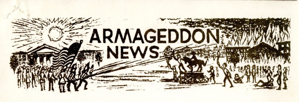 Masthead from the Armageddon News publication which includes illustrations of fires and fighting. 
