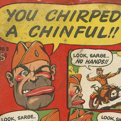Detail of book cover showing cartoon image of scowling army sergeant.