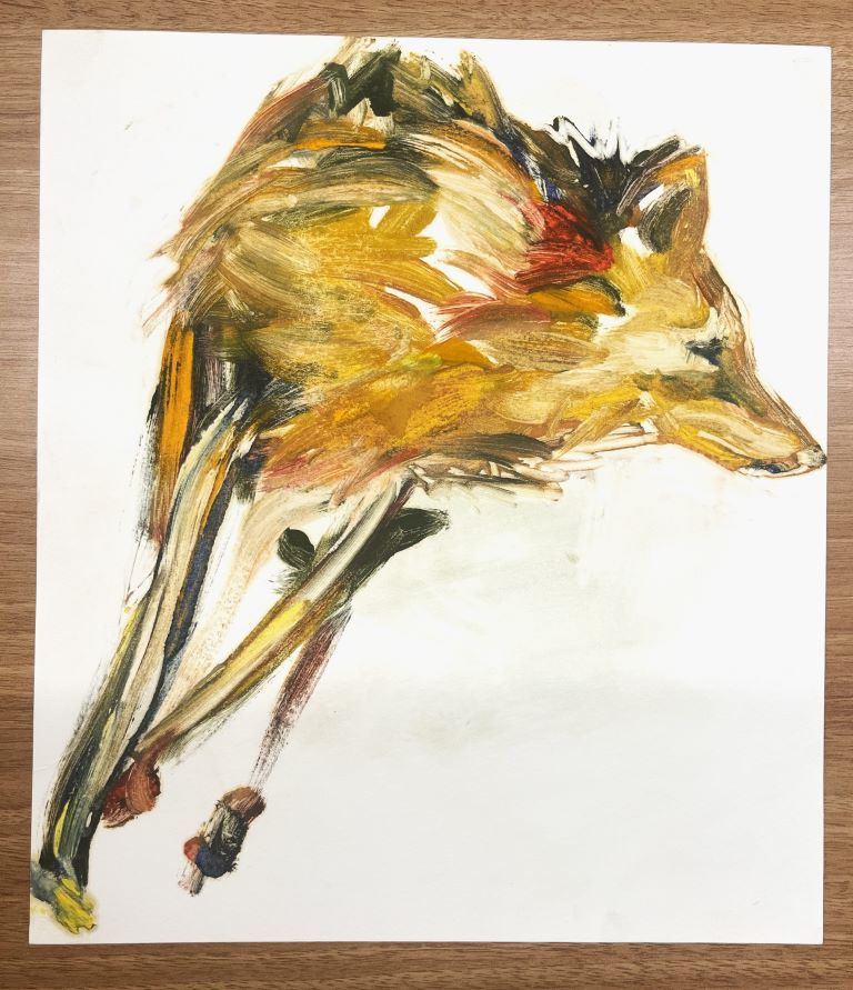 Painting of a coyote in motion, using thick and quick brush strokes to give a sense of movement.
