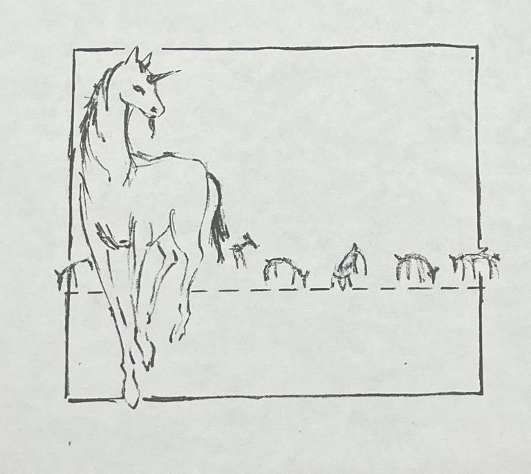 A simple but elegant black-and-white line drawing of a unicorn, pausing with one hoof slightly raised. In the background are very simply sketched-out silhouettes of goats.