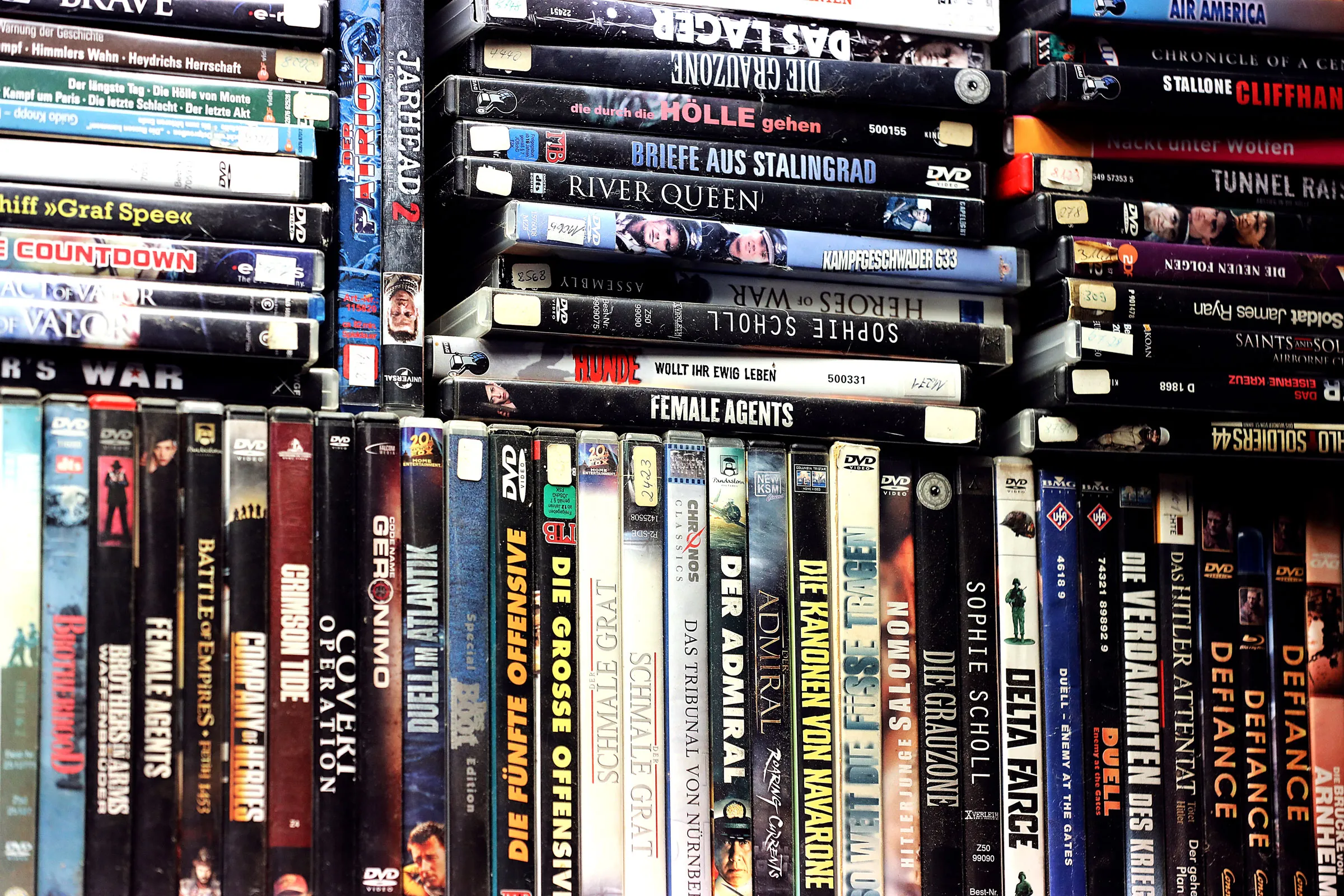 An image featuring a shelf in a media library with an array of DVD cases, each displaying various movie titles.