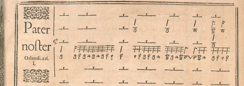 The opening system of Lasso's "Pater Noster" from Bernhard Schmid's Tabulatur in the original notation.