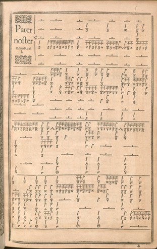 The first page of tablature from Bernhard Schmid's Einer neuen kunstlichen Tabulatur auff Orgel und Instrument (1577). Four systems of organ tablature in 6 voices for the motet "Pater Noster" by Orlando Lasso.