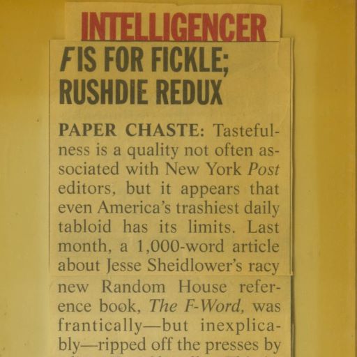 Yellowed magazine clipping with headline: F is for Fickle; Rushdie Redux