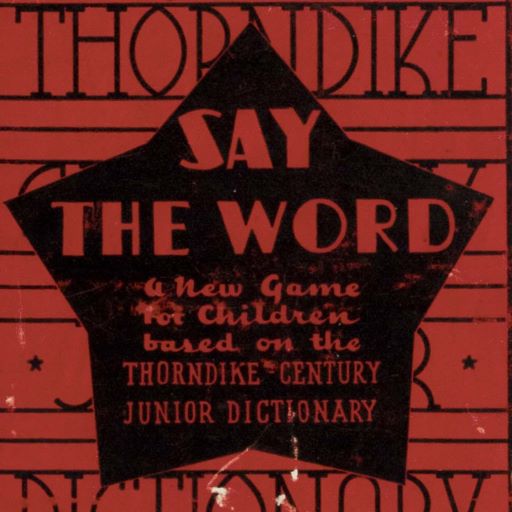 Detail of the cover of the game box for "Say the Word," a dictionary game for children.