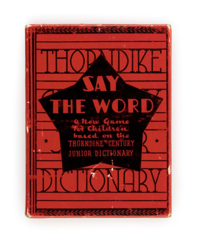 Red cover of game box, with black star bearing the text: "Say the World A New Game for Children BAsed on the Thorndike Century Junior Dictionary"