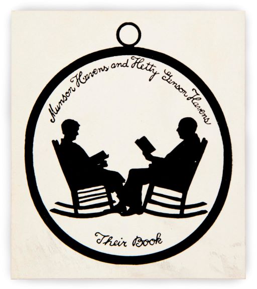 Bookplate of Munson Havens and Kitty Sansom Havens showing silhouette of two figures seated in facing rocking chairs