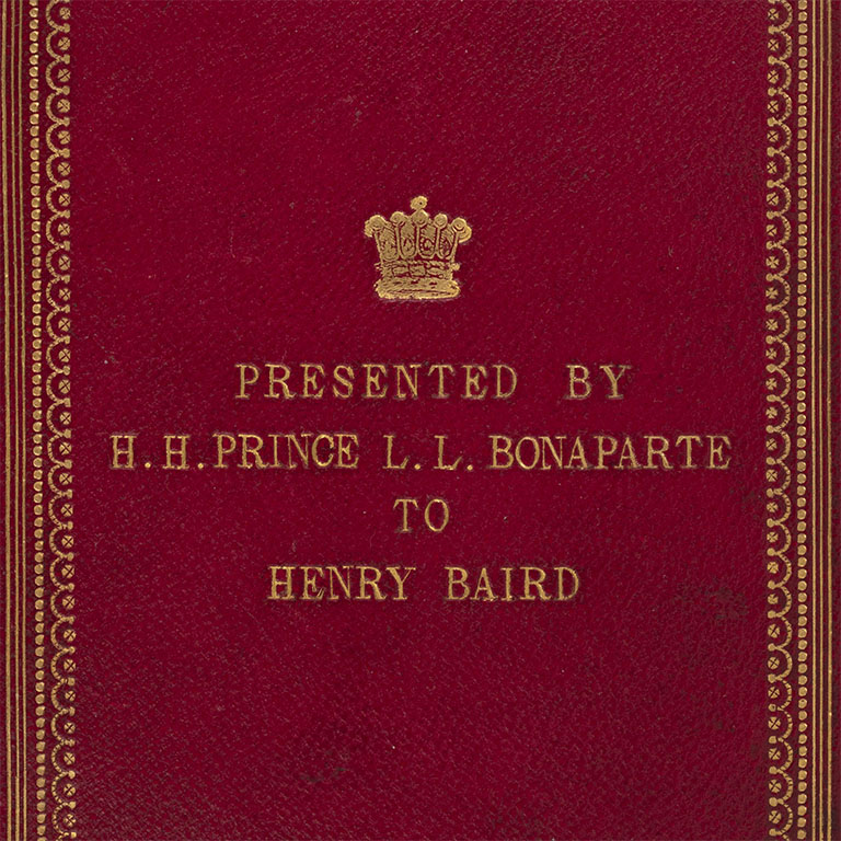 Detail of the binding of collection of pamphlets reading, Presented to H. H. Prince L. L. Bonaparte to Henry Baird