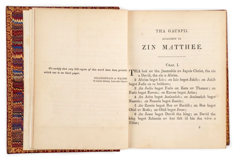Page one of a pamphlet, The Gospel of St. Matthew translated into Western English as Spoken in Devonshire, 1863.