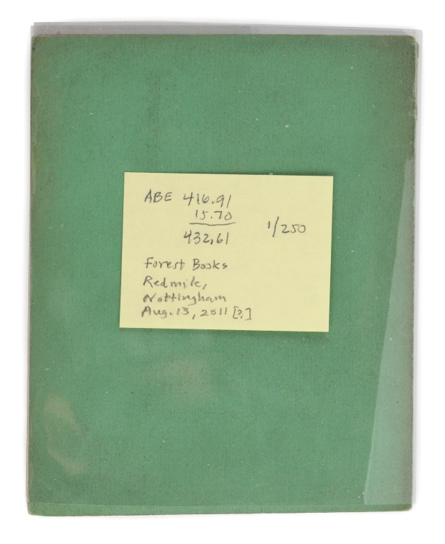 Green book cover with sticky note holding purchase price and address of Forest Books in Nottingham, UK.