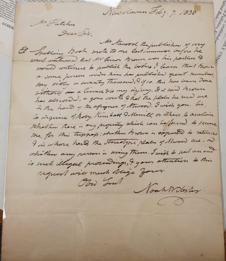 A letter from Noah Webster to a Mr. Fletcher dated Feb 7, 1838
