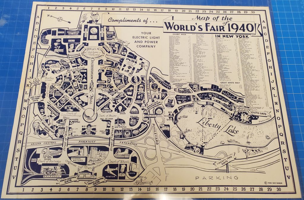 Map of the 1940s Worlds Fair in New York featuring : Liberty Lake, Constitution Mall, The Avenue of Transportation, and the Court of Peace