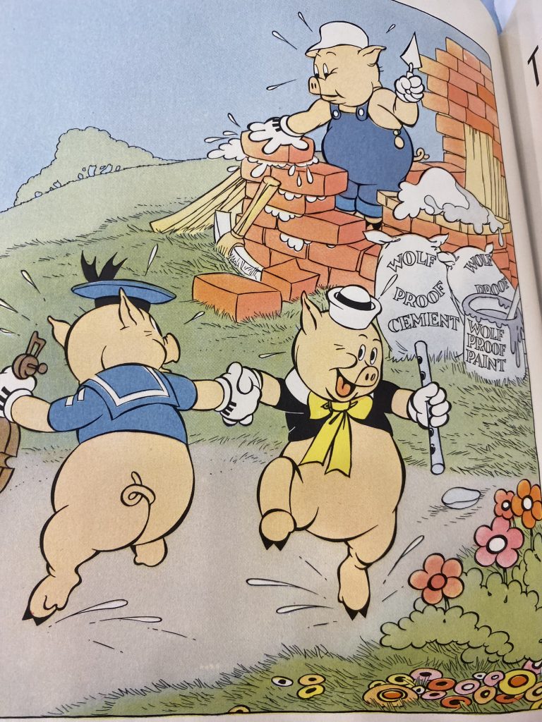 This color page of The Three Little Pigs features the two younger pigs dancing while Practical Pig diligently builds his sturdy brick house.