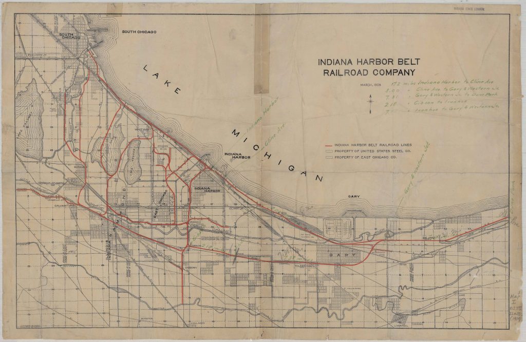 Faded illustrated map from 1909 created by the Indiana Harbor Belt Railroad Company showing an overhead view of Lake Michigan and Indiana's Lake County and Calumet Region. Cities, geographical features, and industrial areas are depicted in blue and black ink. Railway lines are drawn in red ink.
